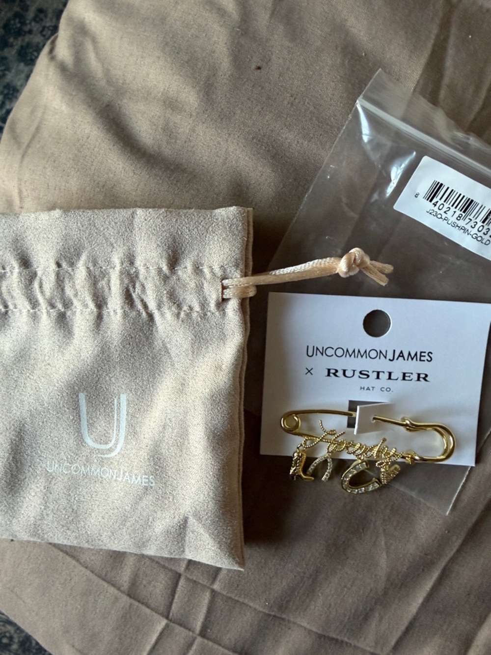 Uncommon James Gold Script Safety Pin Brooch